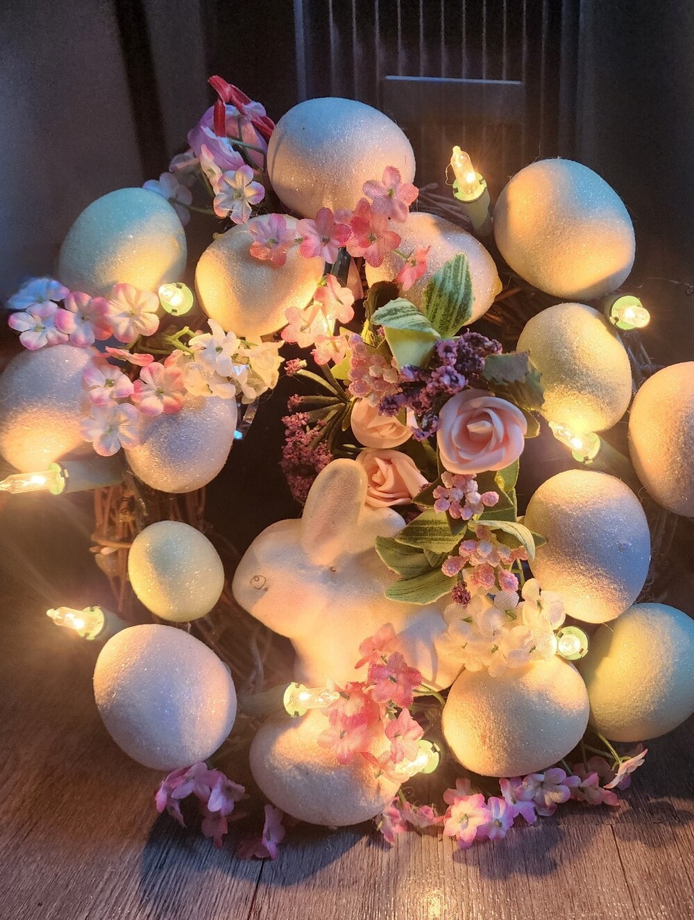 Vintage Handmade Easter Bunny Eggs Wreath Light Up 9 × 9" Glitter Flowers